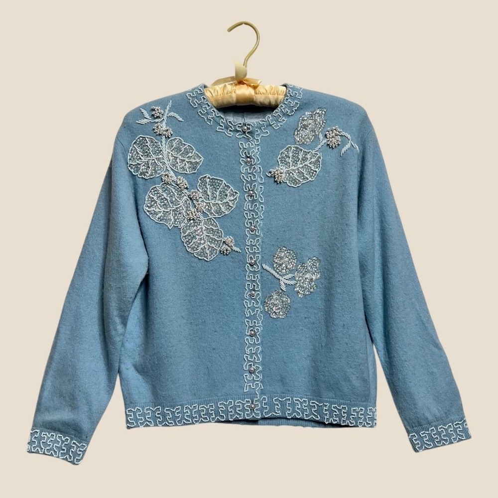 Vintage 1950s Cashmere Silk Lined Hand Beaded Pastel Blue Cardigan Sweater